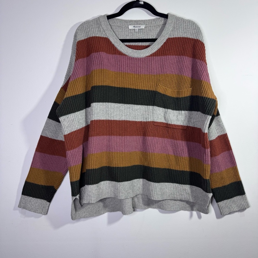Madewell Striped Ribbed Knit Sweater XXL Pocket Crewneck Oversized - Picture 2 of 6